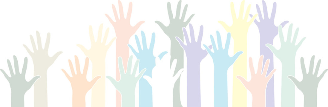 Faded Colorful Raised Hands PNG, Soft Multicolored Hands with Extended Fingers in Upward Gestures, Isolated on Transparent Background