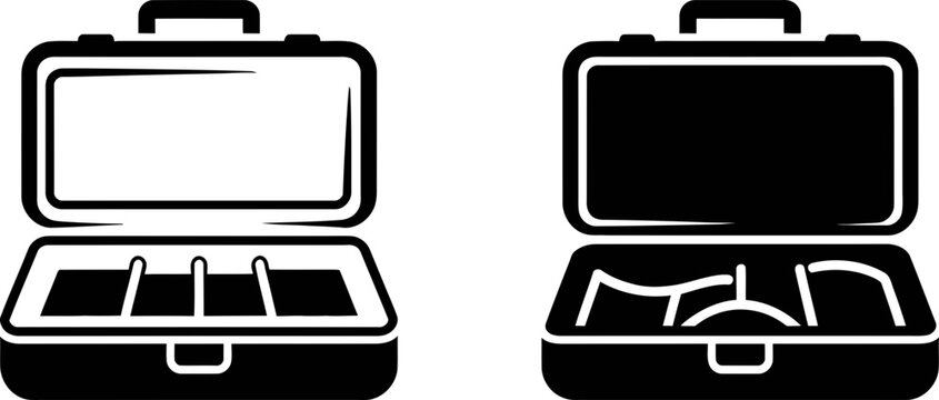 Collection of open briefcase icons in black and white minimalist style isolated on white background.