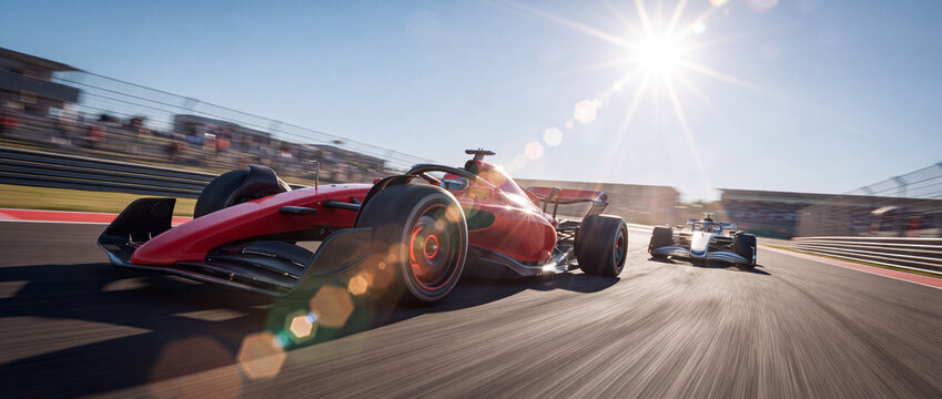 Red race car speeding on track during a high-stakes motorsport competition under bright sunlight with motion blur, perfect for sports marketing and speed editorial concepts