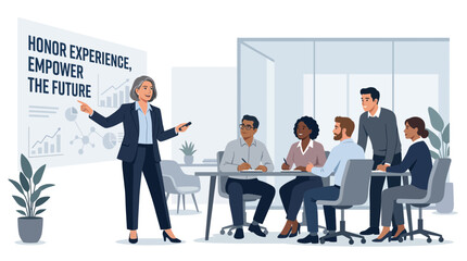 Naklejka premium Senior Business Woman Leading Corporate Presentation for Diverse Team