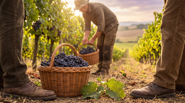 Grape harvest basket in a sunlit vineyard