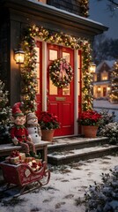 Fototapeta premium Festive christmas decorated home exterior with wreath snowman and elf on snowy winter day