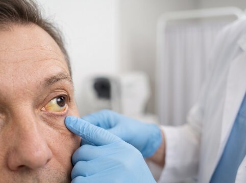 Physician Examining Yellow Sclera in Patient With Jaundice, Clinical Eye Examination for Liver Disease and Icterus