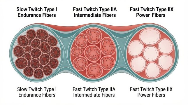 Differences between slow twitch and fast twitch muscle fibers. It highlights their roles in sports and injuries.