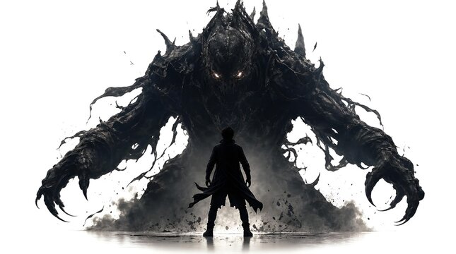 Silhouette of hero standing against giant dark shadow monster