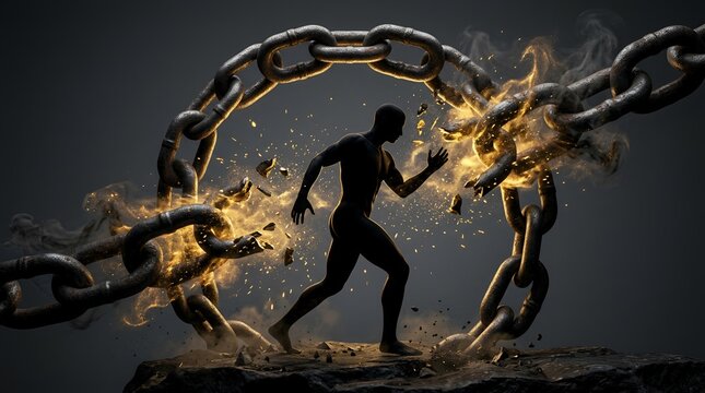 Silhouette of man breaking through heavy metal iron chains