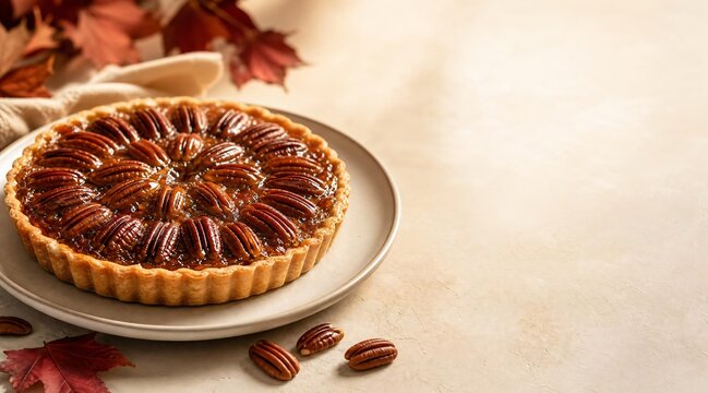 Maple pecan pie with autumn leaves and warm seasonal styling