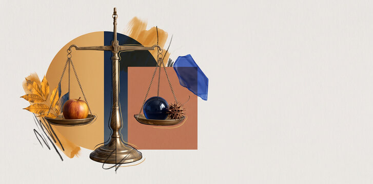 Balance scales with autumn elements for Autumn Equinox in a conceptual mixed-media collage with harvest and day-night symbolism