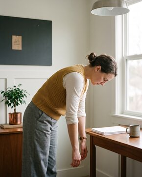 Generative AI, Tired woman bending over feeling exhausted and stressed in home office