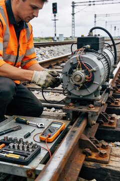 Railway Technician Replacing Electric Switch Machine Motor During Track Maintenance
