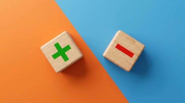 Wooden cubes with green plus and red minus symbols representing pros and cons.