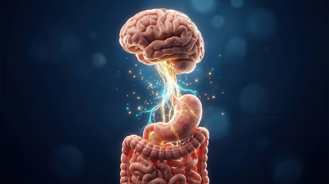 3D illustration of the gut-brain axis showing the luminous connection between the brain and digestive system.