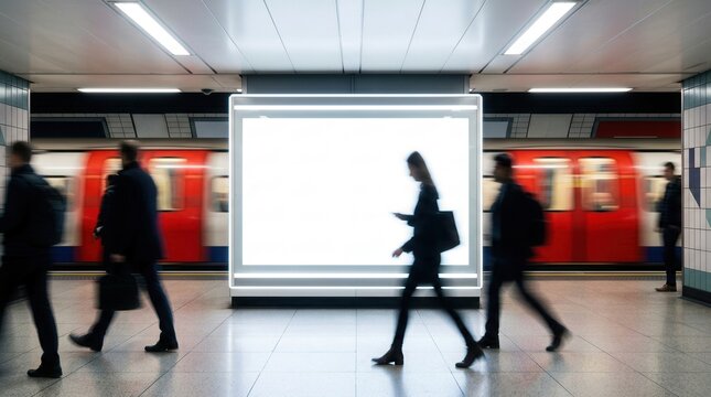 Commuters hurry past a blank advert space in a busy London tube station.