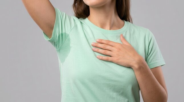 Young woman with a large wet sweat stain under her armpit on a light green t-shirt.