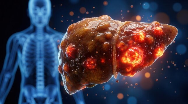 Medical concept of liver cancer showing tumor growth on a glowing diseased hepatic organ.
