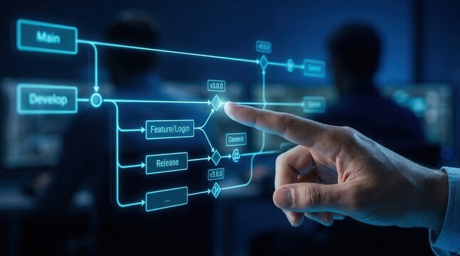 Git flow concept showing a software development diagram with branching and release version processes.