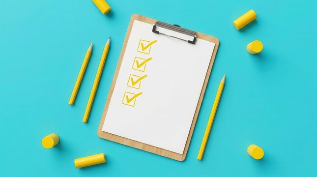 Clipboard with yellow check marks and pencils on a blue background for task completion planning.