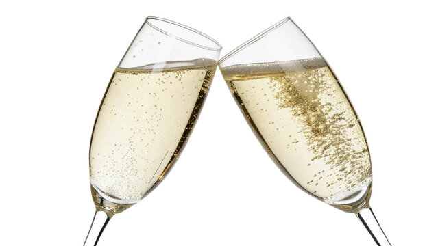 Two elegant champagne glasses clinking for romantic anniversary celebration isolated on transparent background