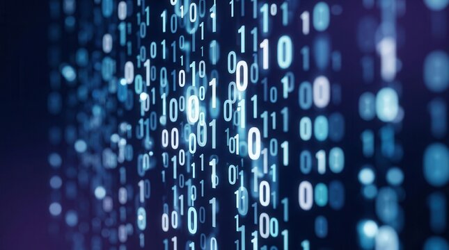 Abstract blue binary code background with soft focus for programming and machine learning.
