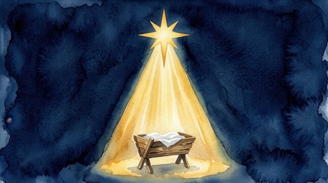 Minimalist watercolor of the Bethlehem star shining over an empty manger.