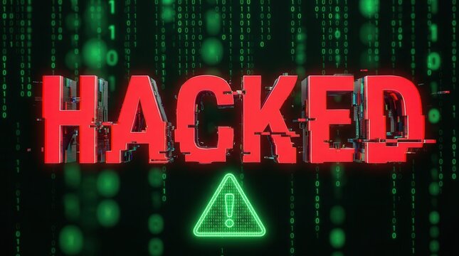 Red hacked text with a glitch effect against a green binary code background and warning triangle.