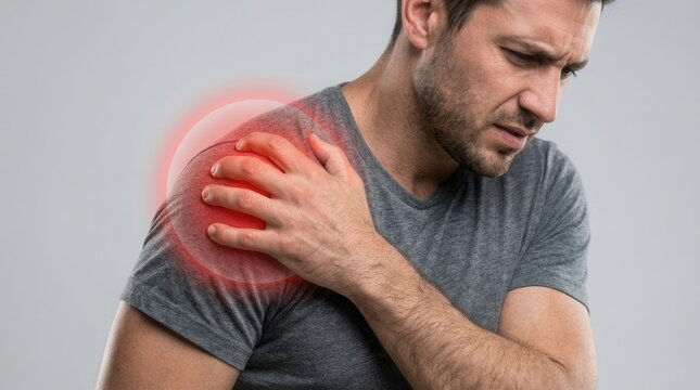 Man suffering from strong shoulder pain with a red spot indicating inflammation and injury.