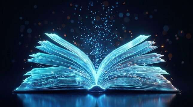 Futuristic open book with glowing digital pages and illuminated data streams.