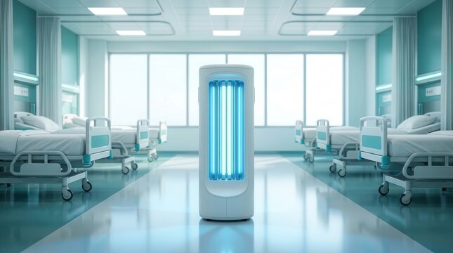 Futuristic UV disinfection device cleaning an empty hospital ward with germicidal lamps.