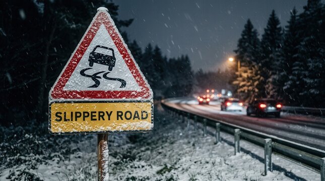 Slippery road warning sign covered in snow on a winter night with blurred traffic lights.