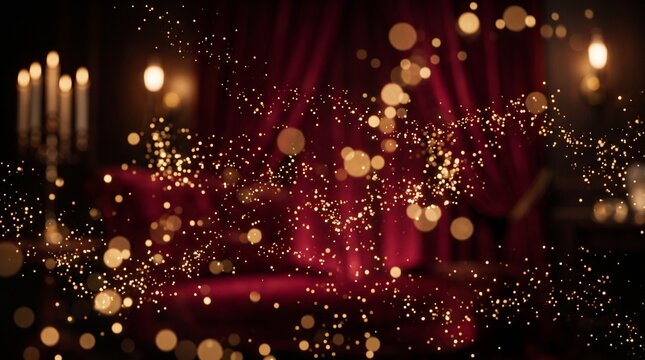 A festive dark red background featuring glowing bokeh lights and soft candlelight for a magical holiday atmosphere