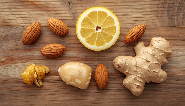 Fresh almonds, lemon slices, peeled ginger root, and turmeric arranged on a rustic wooden surface for natural health ingredients