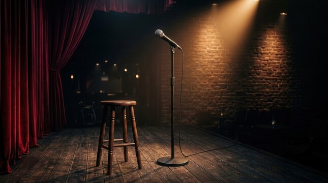 Empty comedy club stage with a microphone, wooden stool, and red curtains.