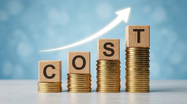 Concept of cost increase with wooden blocks and gold coins showing rising expenses.
