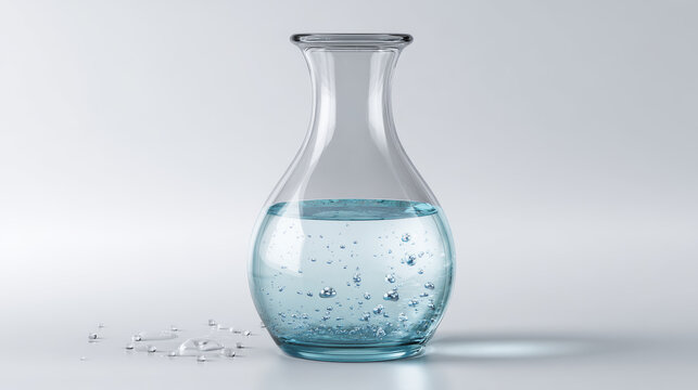 Glass carafe filled with crystal clear water and realistic bubbles isolated on white background