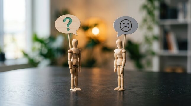 Two wooden human figures with speech bubbles representing a communication challenge concept.