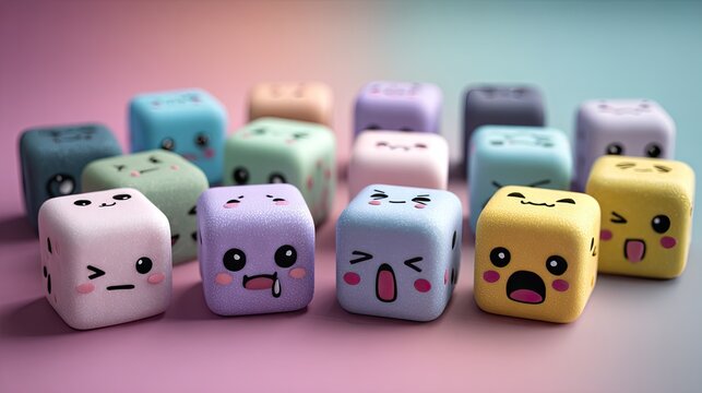 Array of Colorful Emotion Dice on a Soft Pastel Background