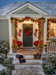 Fototapeta premium Festive decorated home exterior with christmas wreath stockings and snow for holiday season