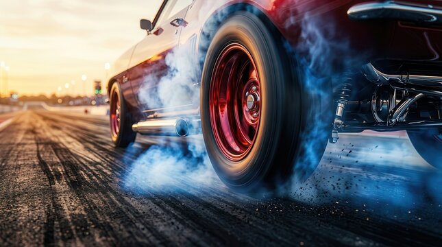 A powerful drag racing car preps its tires by burning rubber on a track.
