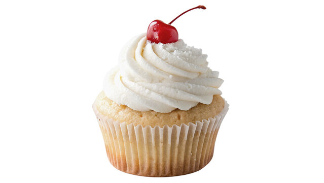 Sweet delicious vanilla cupcake with white frosting cherry isolated on transparent background