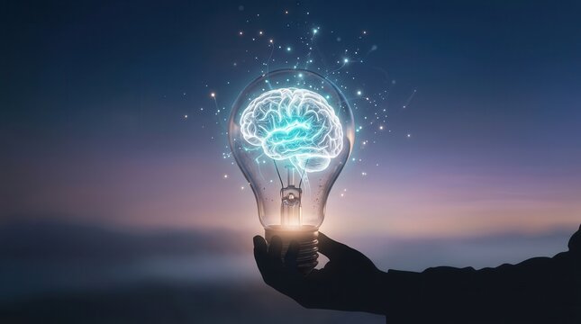 A creative idea and concept of innovation represented by a glowing brain inside a lightbulb.