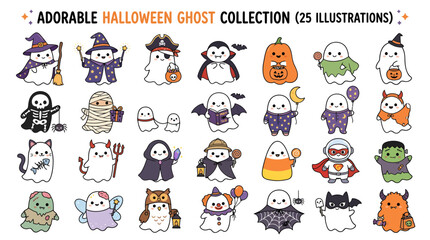 Obraz premium A charming Halloween ghost illustration bundle featuring adorable ghosts with different costumes, accessories, candy, pumpkins, and magical props
