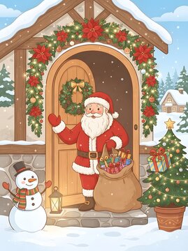 Festive illustration of santa claus at a decorated doorway during winter christmas time