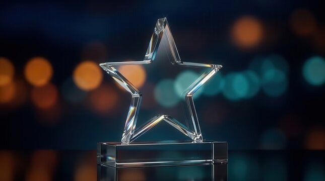A glass star award stands on a dark surface as a symbol of achievement and recognition.