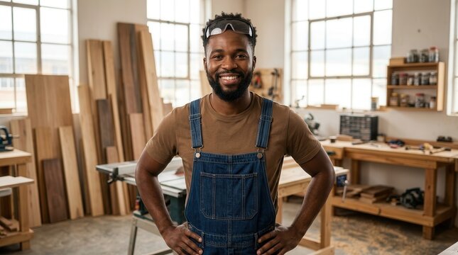 Confident Black carpenter smiling in his woodworking workshop.