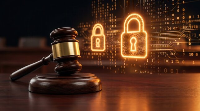 Wooden gavel on a desk next to glowing digital padlocks for cyber law and data protection.