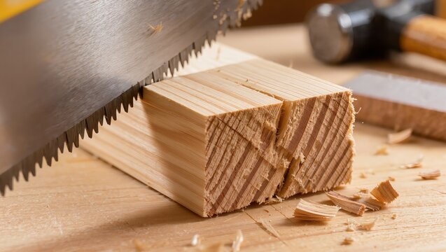 A close-up of a hand saw cutting a small wooden block on a workbench with wood shavings and a hammer, highlighting carpentry, woodworking, and manual lumber cutting