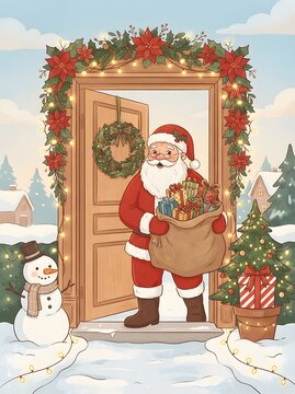 Festive illustration of santa claus with gifts standing in a decorated doorway during winter