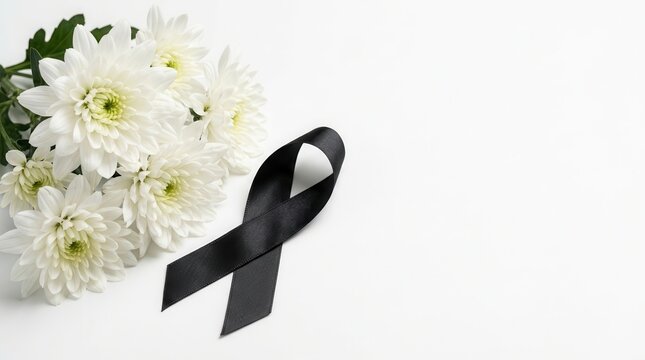 White chrysanthemums with a black ribbon on a white background for funeral and memorial services.