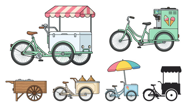  Ice cream cart and food vending tricycle vector icon set featuring vintage street food bikes with awnings, umbrellas, and soft serve dispensers for summer designs.
