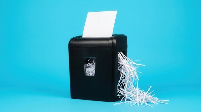 A blue studio background featuring an office paper shredder